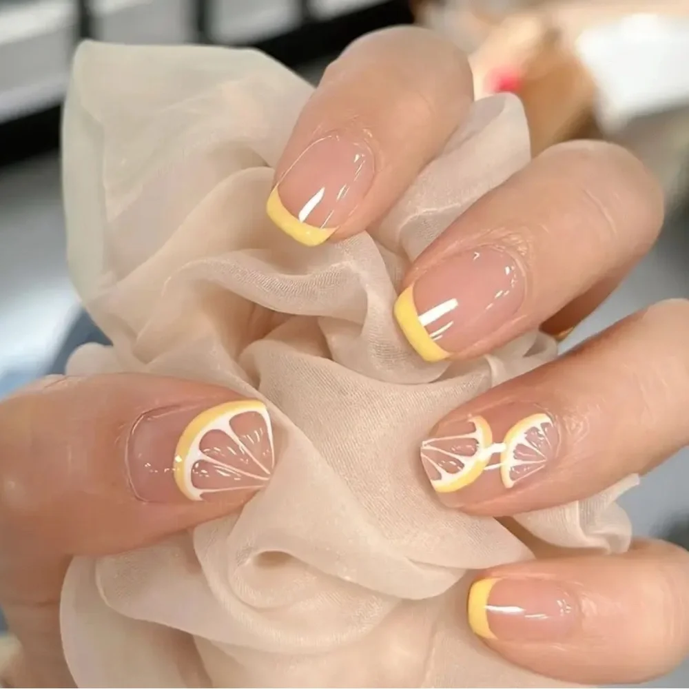 Summer lemon yellow French tip press on nails reusable 24 pcs short length NWT - Picture 12 of 15